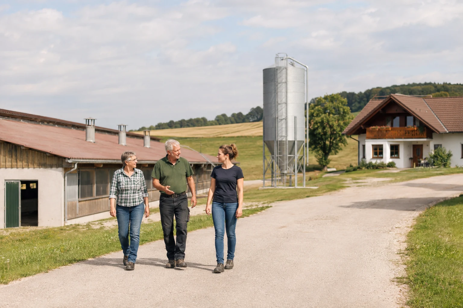 Eigentümerfamilie vor einem österreichischen Mastschweinebetrieb