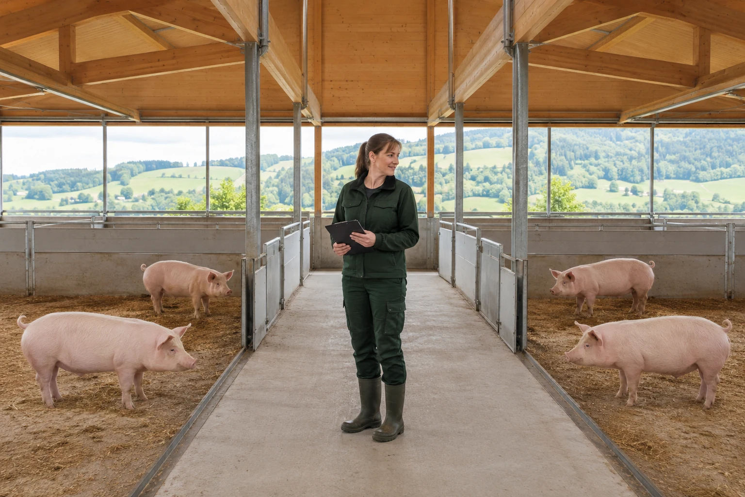 Landwirtin in einem hellen österreichischen Mastschweinestall